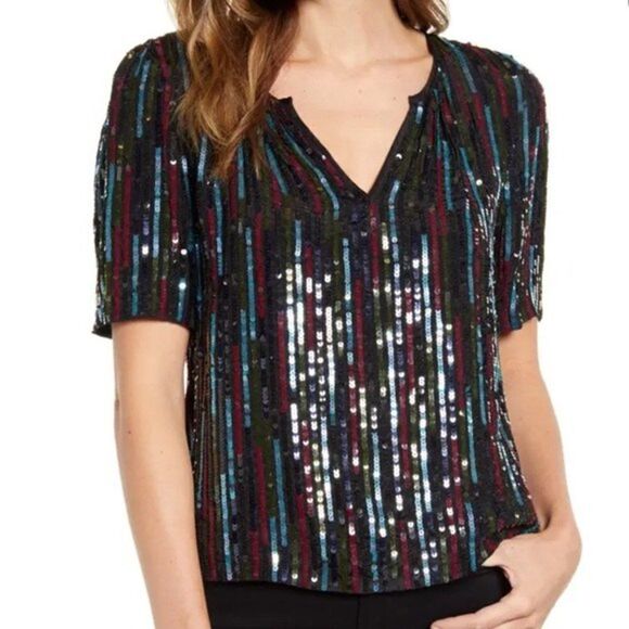 VELVET BY GRAHAM AND SPENCER Multicolor Sequin Short Sleeve Top Medium - Picture 2 of 11